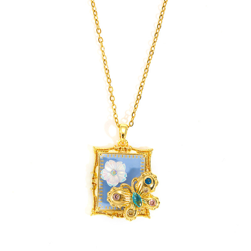 Wholesale rose oil painting high-grade necklace pearl color simple clavicle chain stainless steel plated 18k gold necklace for women